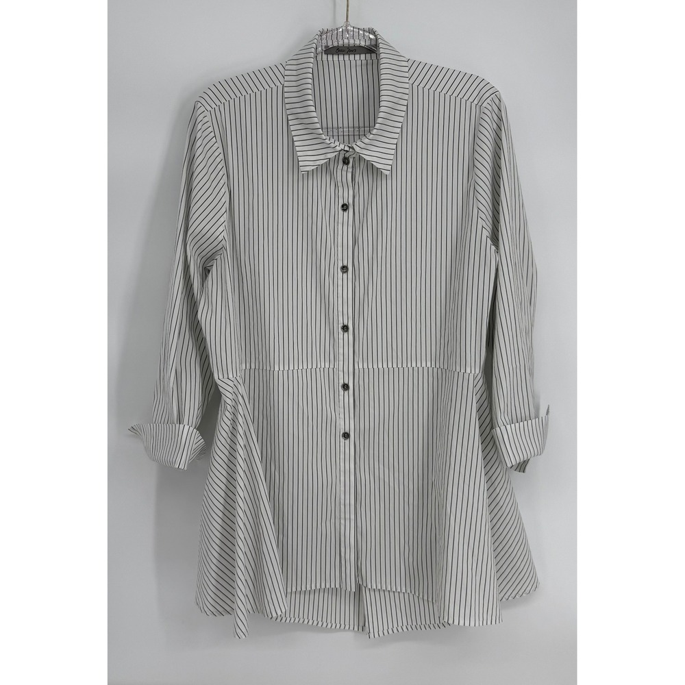Beau Jours Womens Sz XL Black White Pinstripe Peplum Button Down Tunic